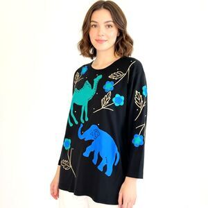Vintage NWT L’eau Vive Silk Blend Beaded Elephant Camel Top 80s - Size M